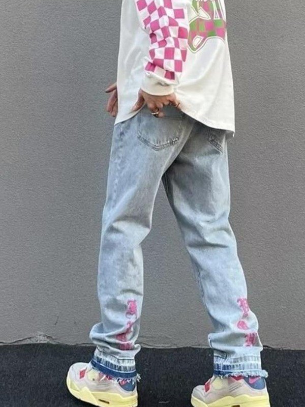 Jeans sueltos con lavado claro y letras bordadas para hombre-3