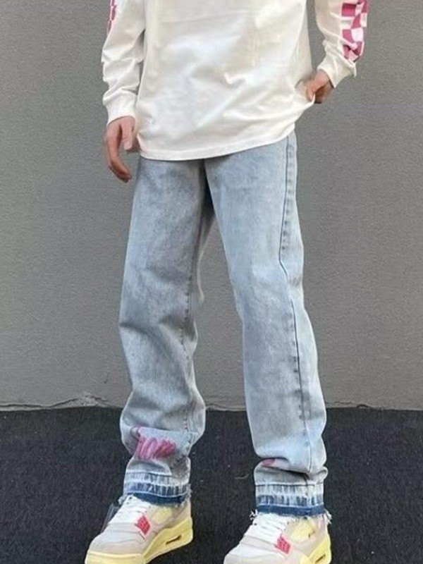 Jeans sueltos con lavado claro y letras bordadas para hombre-1