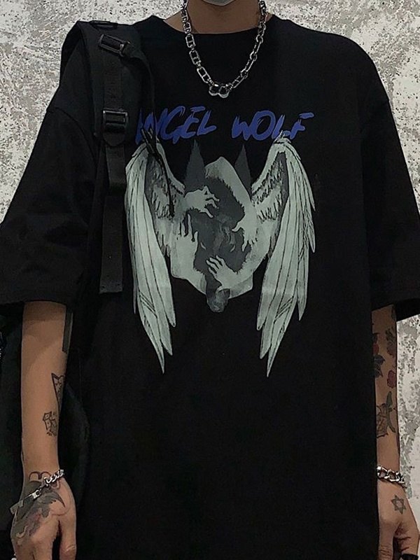 Camiseta estampada de manga corta Angel Wolf para hombre-1
