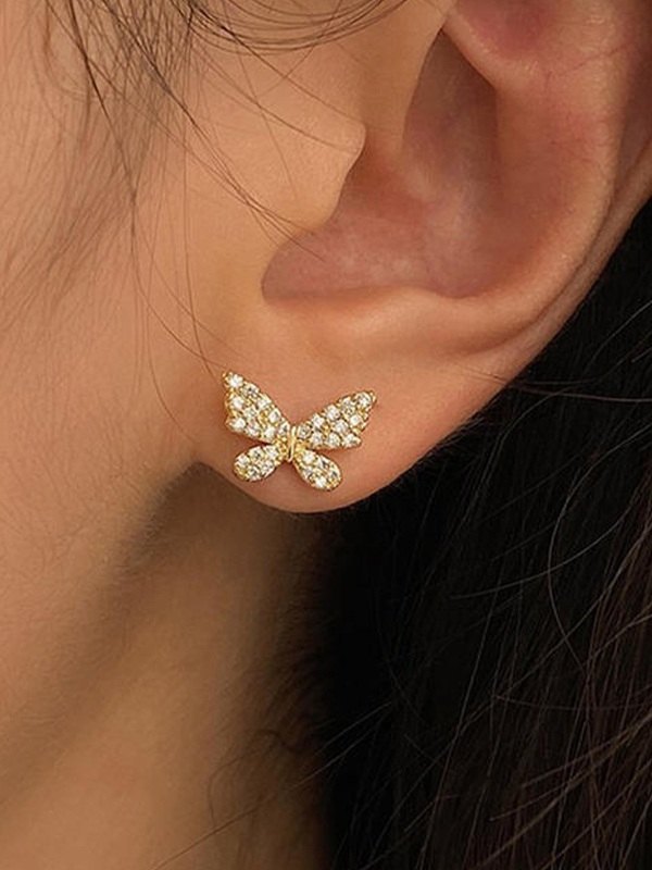Pendiente de mariposa con diamantes de imitación y borla de perlas de imitación-3