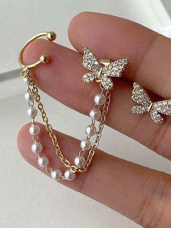 Pendiente de mariposa con diamantes de imitación y borla de perlas de imitación-4