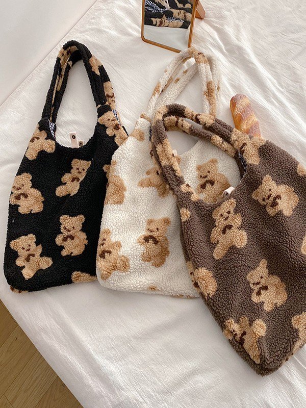 Bolso de hombro de forro polar con motivo de oso-2