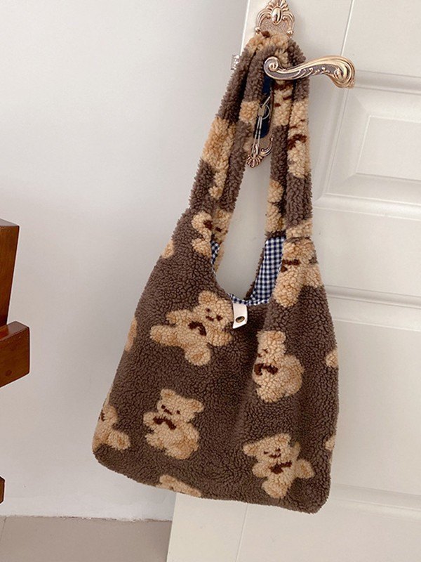 Bolso de hombro de forro polar con motivo de oso-3