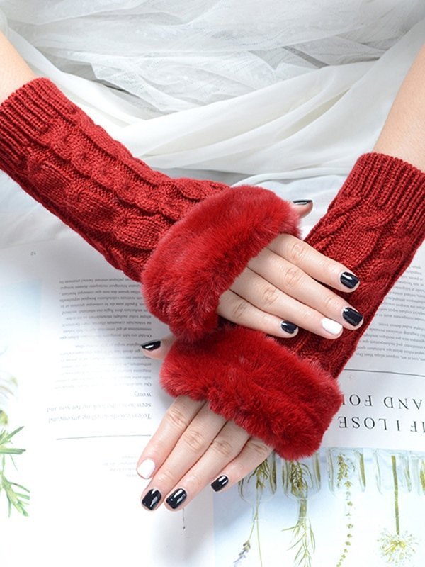 Guantes sin dedos tejido trenzado con ribete de piel sintética-1