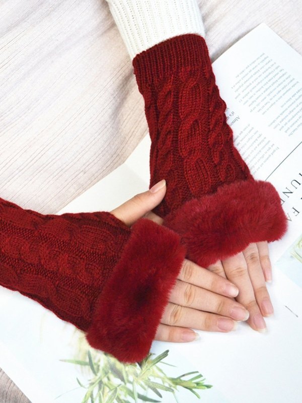 Guantes sin dedos tejido trenzado con ribete de piel sintética-2