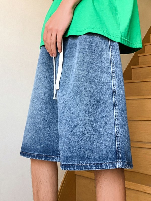 Shorts de mezclilla de corte holgado con lavado básico para hombre-1