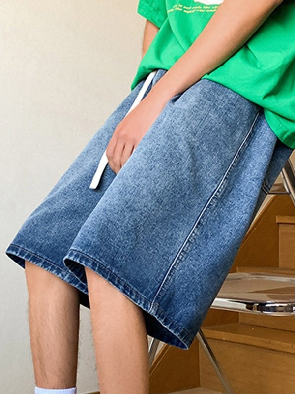Shorts de mezclilla de corte holgado con lavado básico para hombre-4