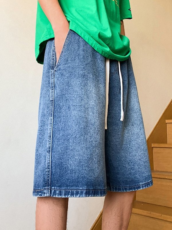 Shorts de mezclilla de corte holgado con lavado básico para hombre-2